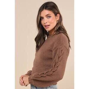 Lulus Playful Comfort Brown Cable Knit Crew Neck Pullover Sweater - Size XS
